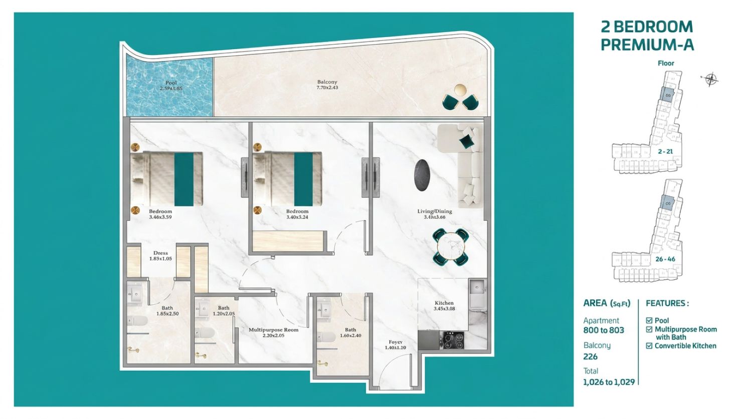 Breez by Danube: 2 Bedroom Apartment + Pool - Luxury Seafront Living