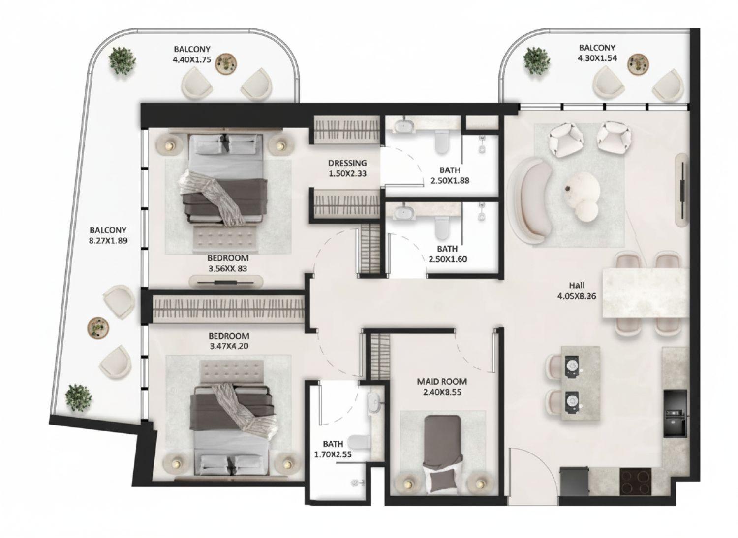 SquareX One by Tasmeer Indigo - 2 Bedroom Apartment + Maid Room