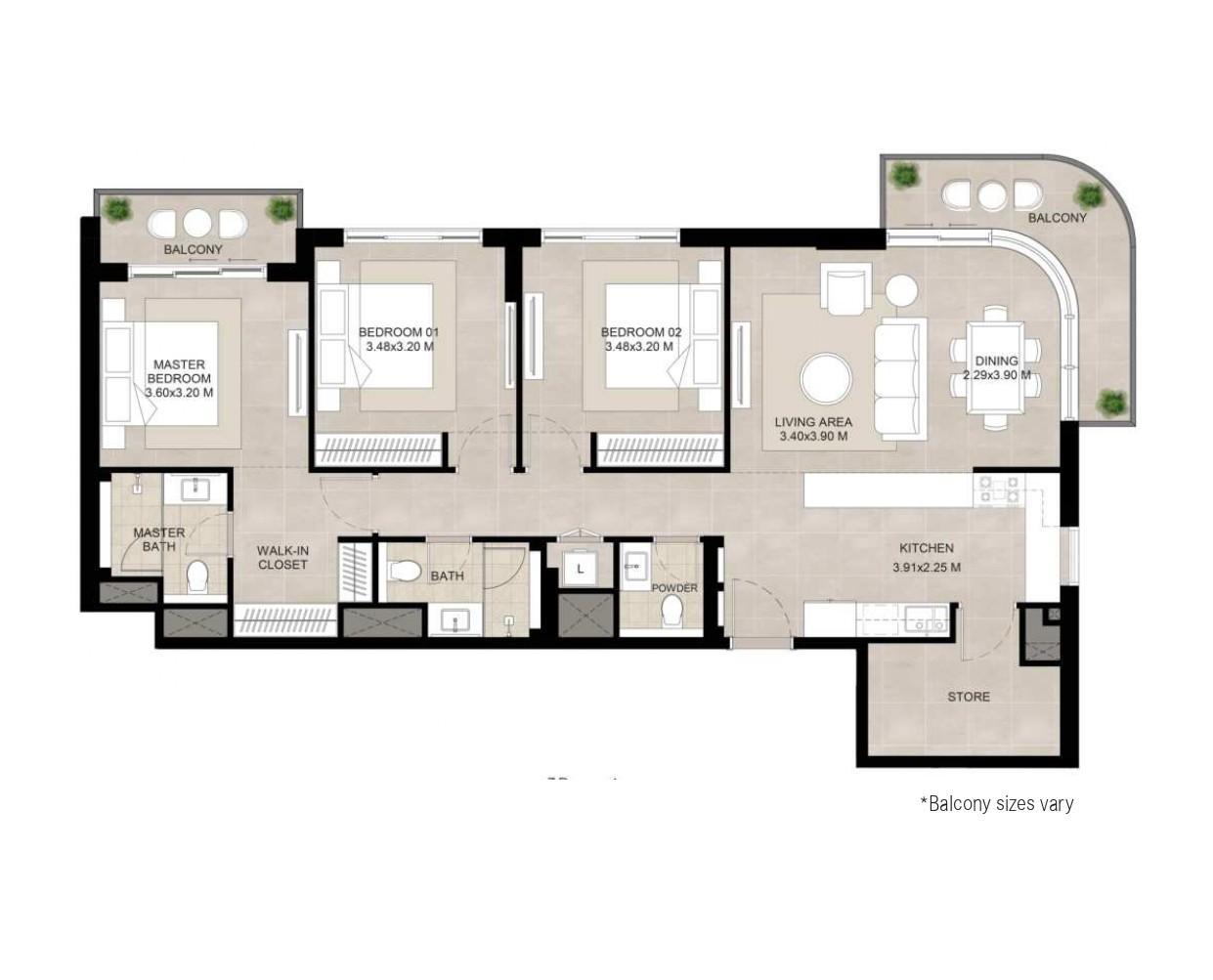 The Baltimore – 3 Odalı Daire – Town Square’de Modern Daireler